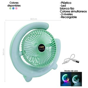 VENTILADOR DE MESA PLASTICO C/LUZ 6 PLG USB RECARGABLE COLORES YDF-F11 - Imagen 1