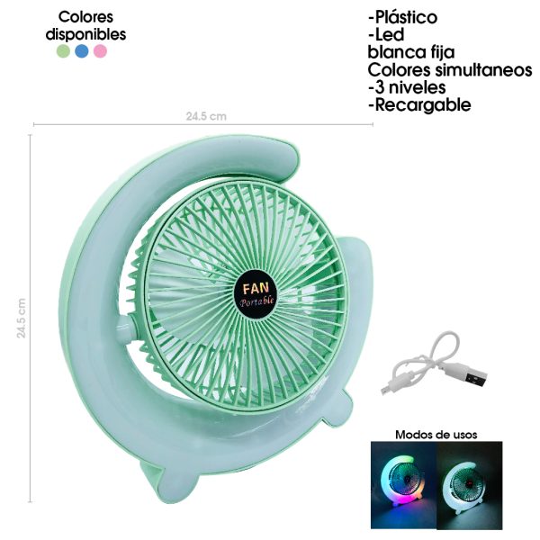 VENTILADOR DE MESA PLASTICO C/LUZ 6 PLG USB RECARGABLE COLORES YDF-F11