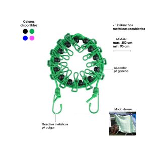 COLGADOR DE ROPA TIPO SOGA 1.80MT C/GANCHOS NEGRO ROSADO VERDE Y AZUL 15366-46 - Imagen 1