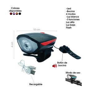 LAMPARA P/BICICLETA LED RECARGABLE C/BOCINA 7588 - Imagen 1